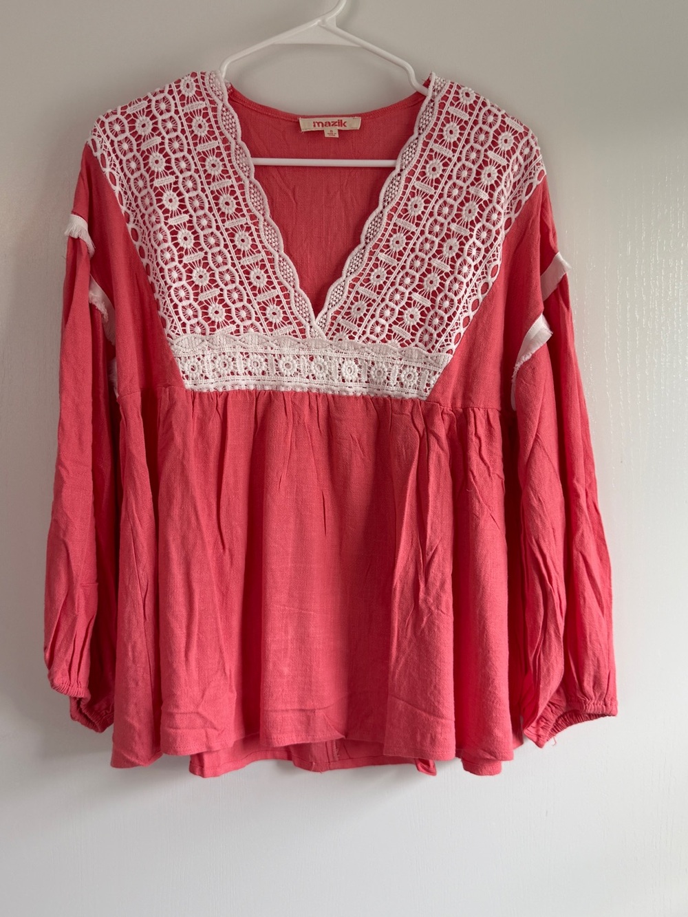 mazik Coral Lace-Trim Boho Peasant Top Fringe Trim Babydoll Flowy
